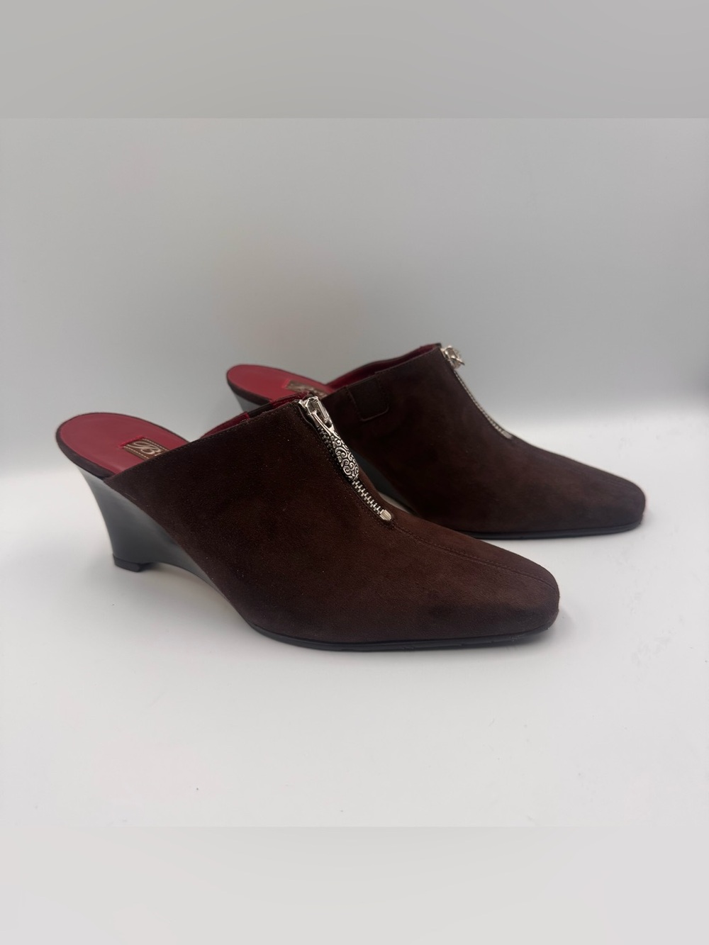 Brighton Rocker Brown Suede Zip-Front Wedge Mule Made In Italy Size  7
